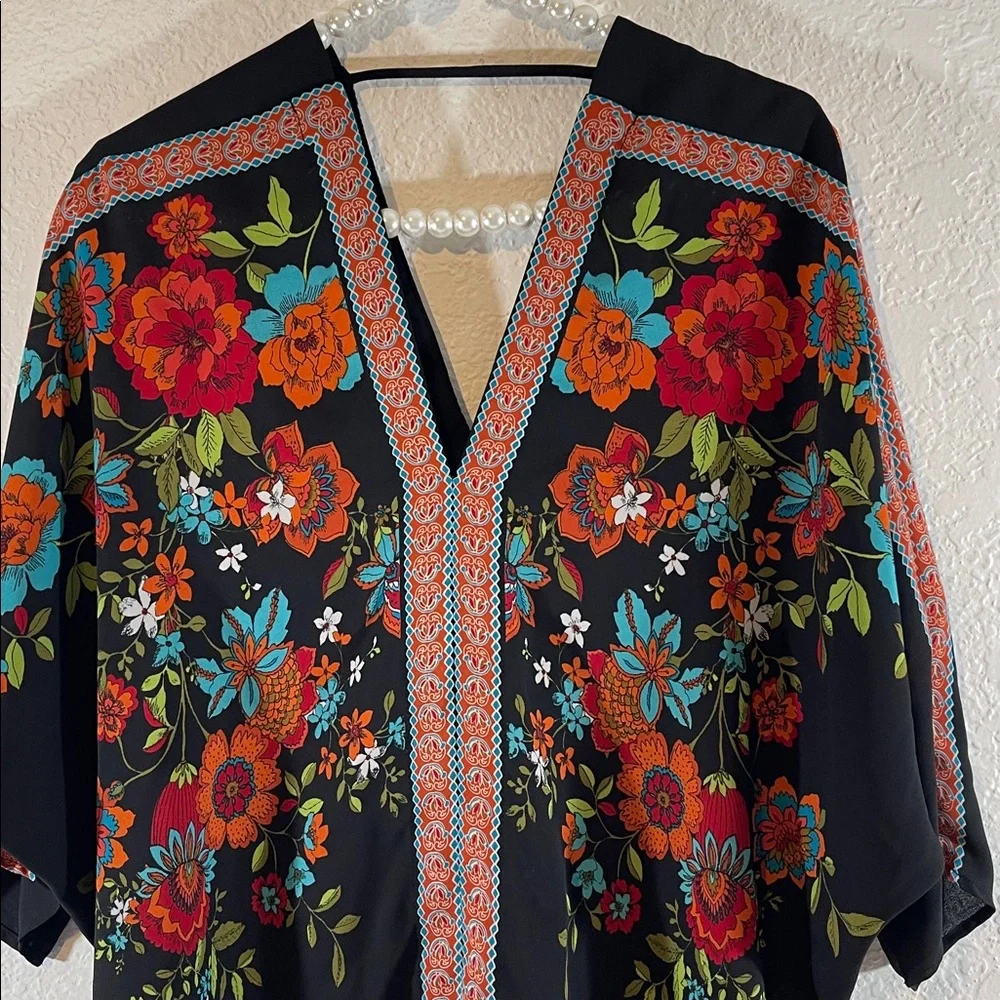 Rose + Olive Floral Oversized Blouse Top Colorful Dolman Sleeve Boho Size Small - Picture 2 of 8